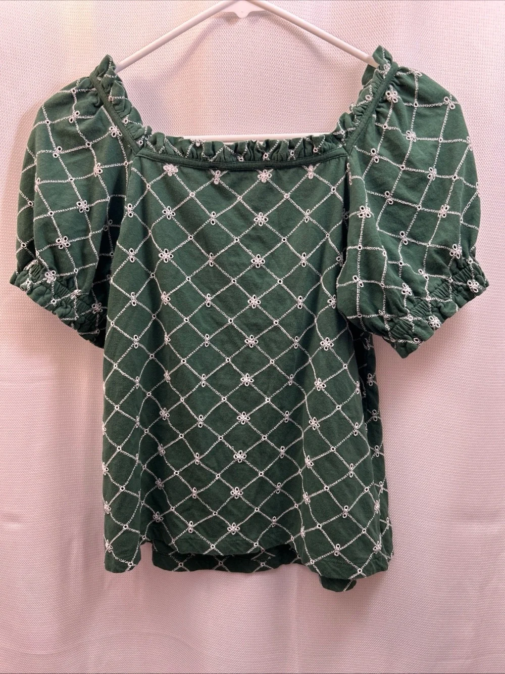 LOFT Green Puff Sleeve Embroidered Square-Neck Top